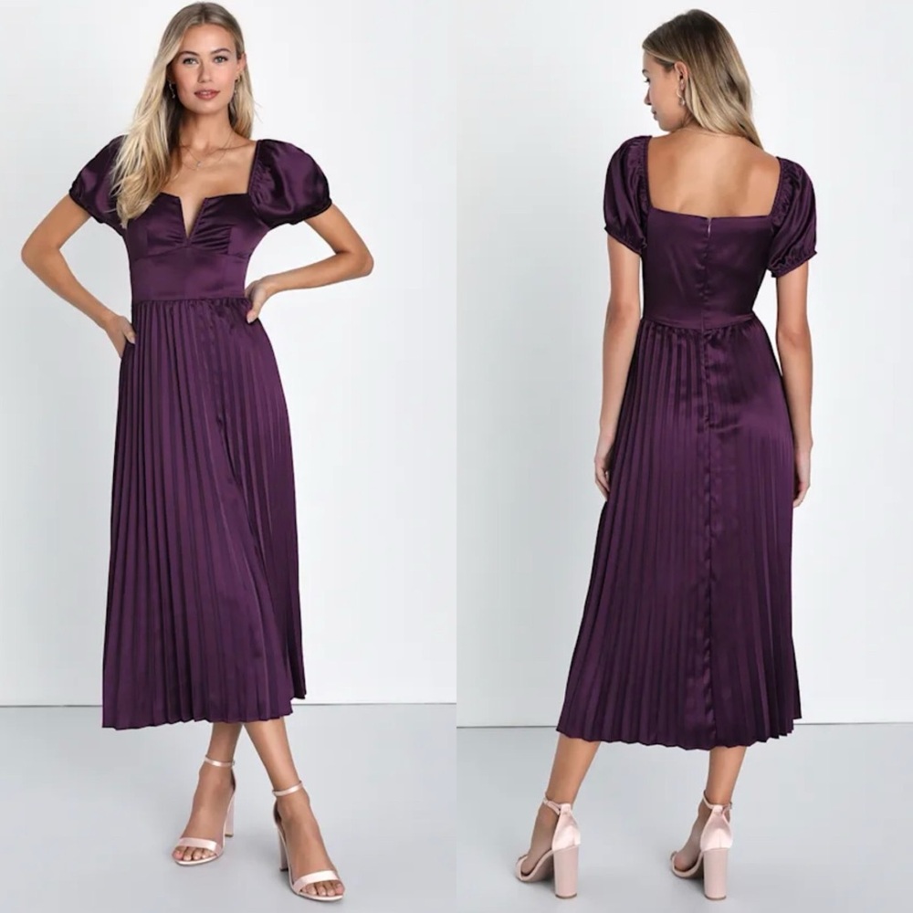 LULU’S Flawless Forever Dark Purple Satin Pleated Midi Dress